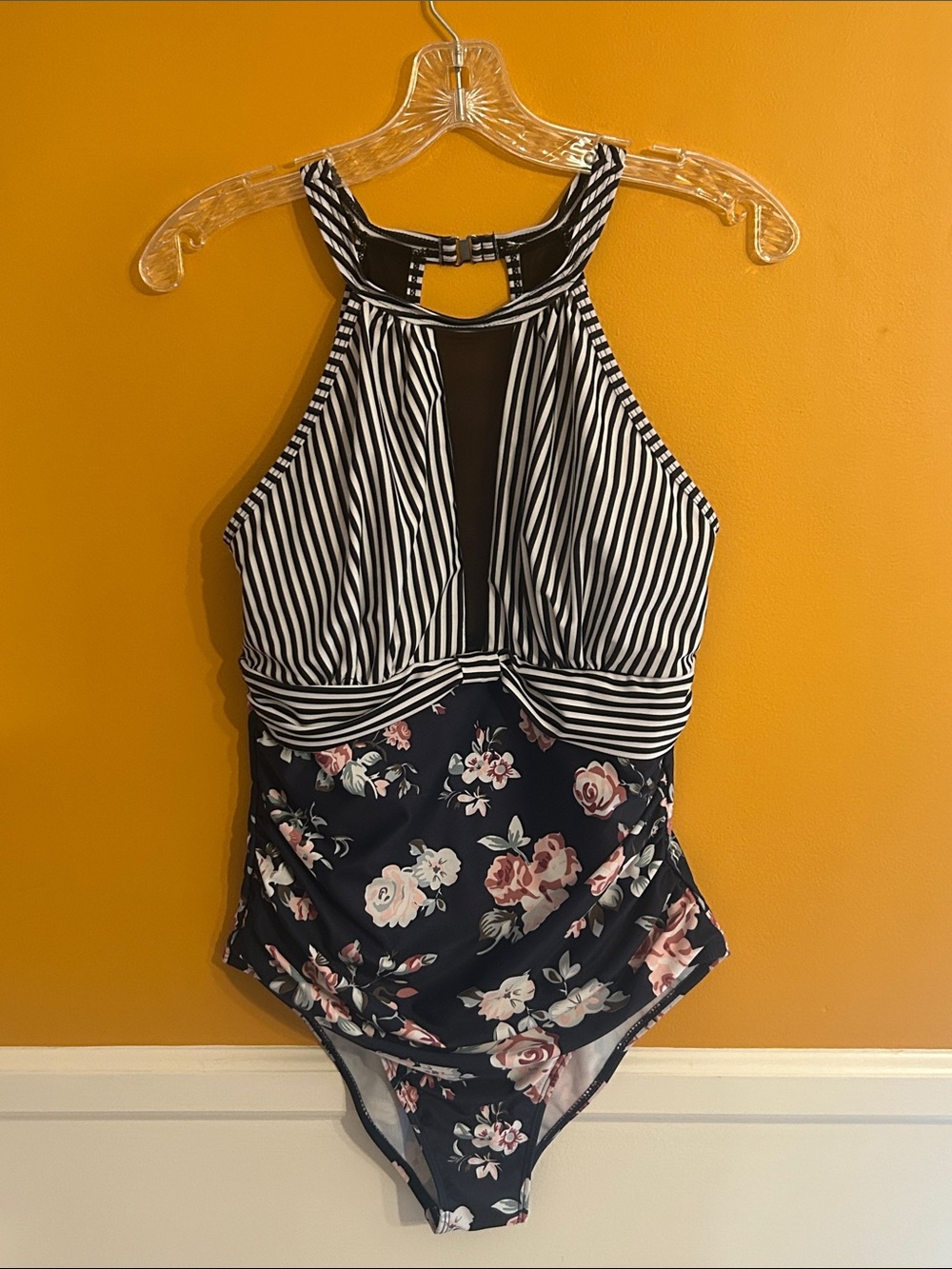Striped Halter Floral One-Piece Swimsuit - Navy & Black/White